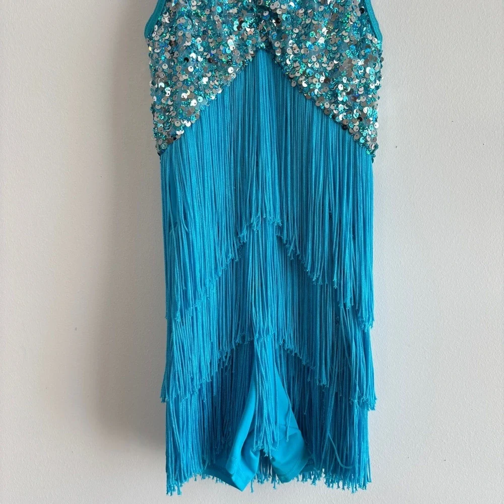 Weissman Showtime Dance Costume 10425 Size SC Blue Fringe Sequins Skating Tap